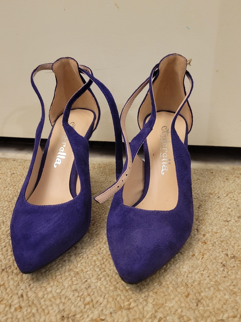 Cinderella Of Boston Purple Suede Pointed Toe Ankle Strap Heels